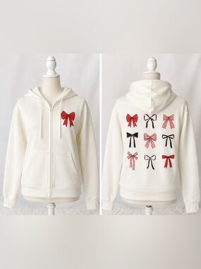 Coquette Soft girl Ivory Bow Zip-Up Hoodie – NWT – Juniors Large
